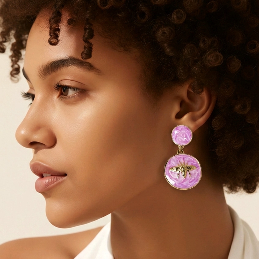Gold Honeybee Dangle Earrings Purple Disc Bee Garden Jewelry Whimsical Summer